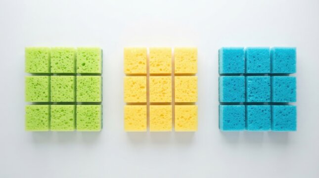 Three sets of green, yellow, and blue cleaning sponges arranged in a threebythree grid pattern isolated on white background