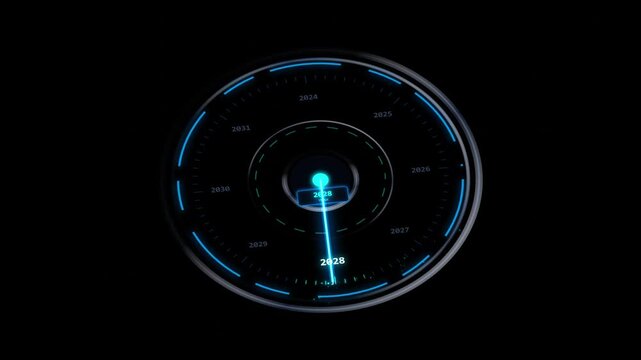 Circular Neon Temporal Gauge with Orbiting Future Year Markers and Digital Glow