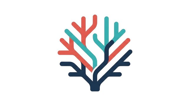 Abstract colorful tree logo with geometric branches representing growth network and connectivity concept isolated on white background