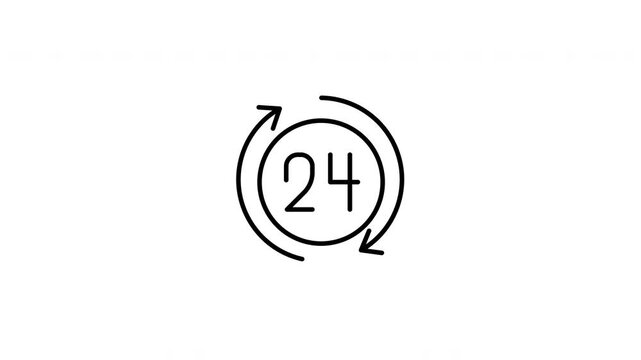 24 Hour Service Outline Icon with Circular Arrows on White Background