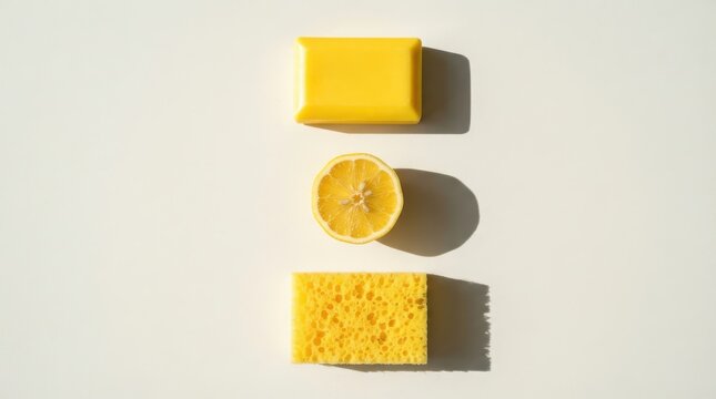 A yellow soap bar, a fresh lemon slice, and a yellow cleaning sponge arranged vertically, isolated on white background
