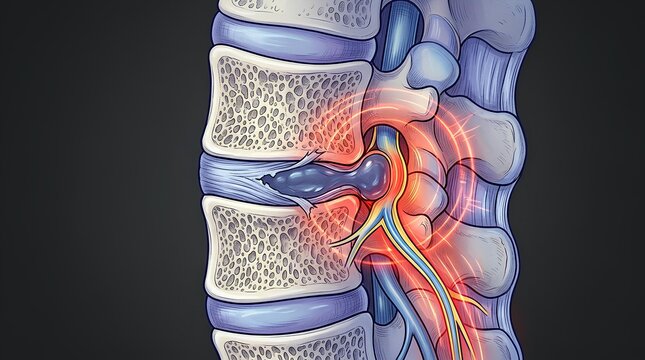 Cross-section of spinal vertebrae with herniated disc.
