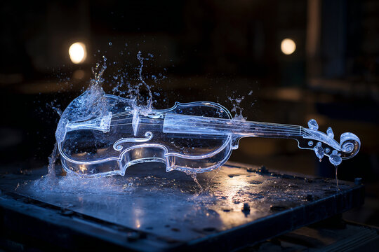 Futuristic violin made of splashing water isolated on a dark