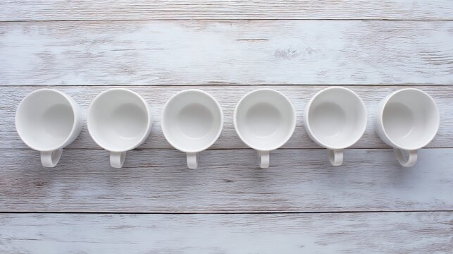 identical. Seven identical white ceramic teacups arranged on a long wooden table, top-down view. bar promotions, beverage menus, designed for food & beverage menus and cafe branding.