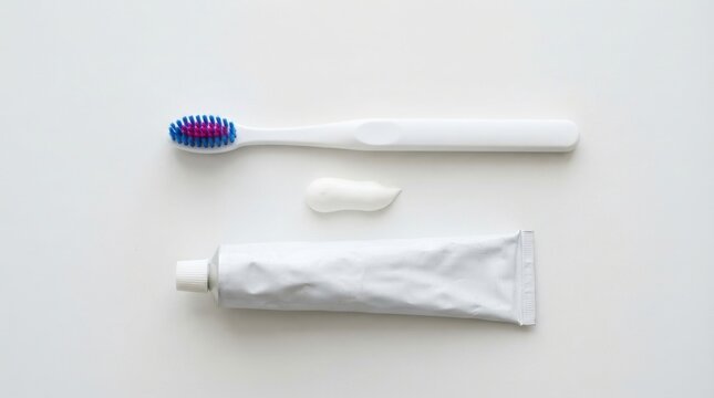Toothbrush and tube of toothpaste with a dollop of paste isolated on white background