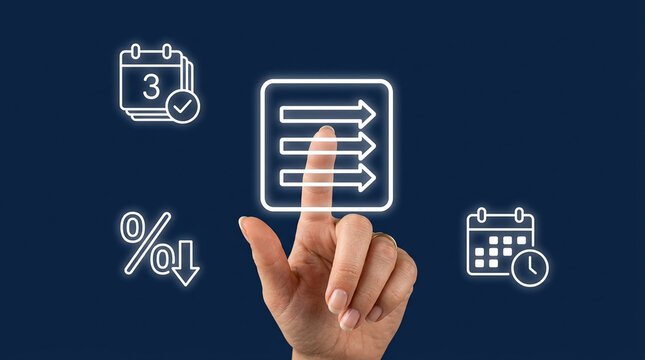 Close up of a hand touching a glowing virtual screen with business process icons, time management calendars and financial data symbols.