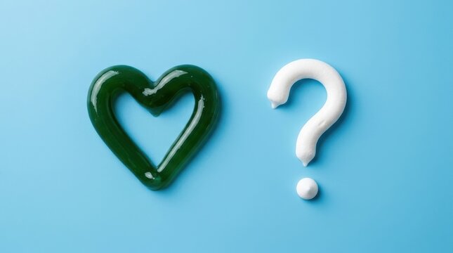 Green toothpaste heart shape and white toothpaste question mark on blue background