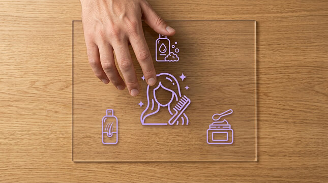 A man's hand interacting with a futuristic glass touch interface displaying glowing purple hair care and beauty product icons on a wooden table.