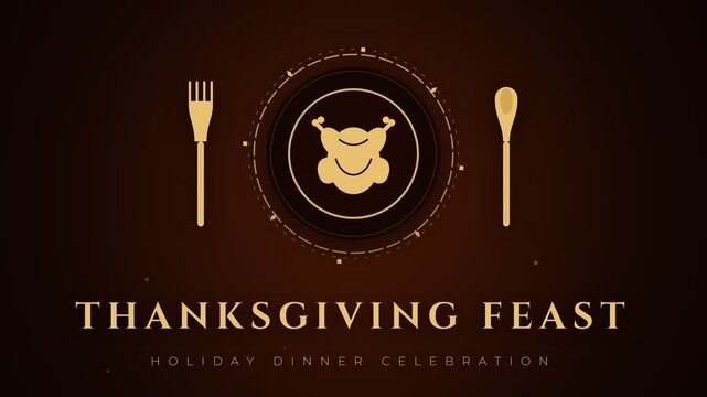 Thanksgiving feast title animation with golden roast turkey plate fork and spoon for holiday dinner celebration