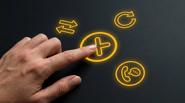 Close up of a hand touching a glowing orange plus icon for business growth, connectivity, and digital interface on a minimalist dark background.