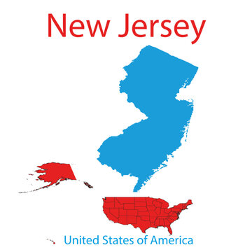 New Jersey state map silhouette in blue highlighting its location on United States of America map.