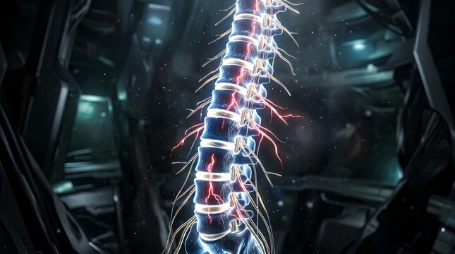 Detailed spinal column with glowing nerve endings.