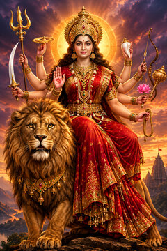 happy navratri Durga Mahashakti The Celestial Slayer of Mahishasura Illuminated in Divine Radiance, Adorned with Astral Weapons and Sacred Ornaments, Standing Victorious Amidst Cosmic Light Bursts