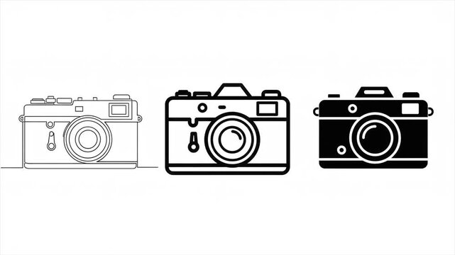 Continuous single line drawing animation of vintage camera morphing into bold outline and solid black icon symbol on white background.