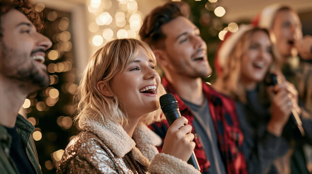 Group of friends enjoying festive karaoke party with microphone and lights