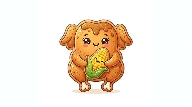 Cute cartoon roasted chicken character holding a happy corn cob illustration.