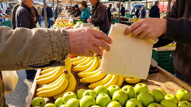 A customer hands a reusable cloth bag to a vendor at a bustling outdoor farmers market.