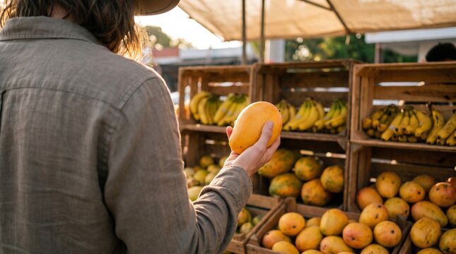 A shopper selects a fresh yellow mango from a wooden crate at a local farmers market.