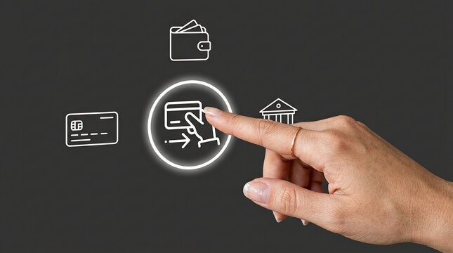 Close up of female hand touching glowing digital payment icon on virtual screen with financial bank and wallet symbols for mobile banking technology.