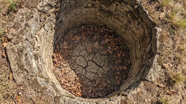 Inside view of an ancient dry stone well showing cracked soil and fallen leaves