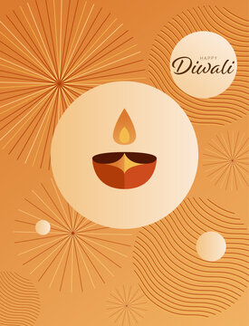 Happy Diwali Vertical Greeting Poster with Traditional Glowing Diya, Abstract Firework Patterns and Warm Orange Background, Editable Vector Illustration