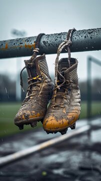 Modern football boots with mud and empty stadium reflection Canon EOS R5 photograph