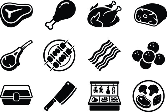 Set of twelve black and white meat product vector icons illustrating butcher shop ingredients and cooking food items
