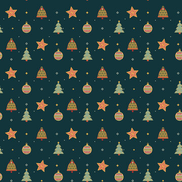 Nusantara Christmas seamless pattern with batik parang star, kawung bell, woven tenun ornament ball and carved tree on dark teal background