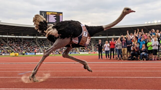 Ostrich wearing a racing bib sprints on a running track during a stadium event