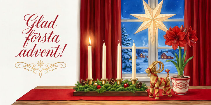 Swedish text Glad f&ouml;rsta advent, First Advent greeting with traditional Yule goat and four-candle holder decorated with natural moss