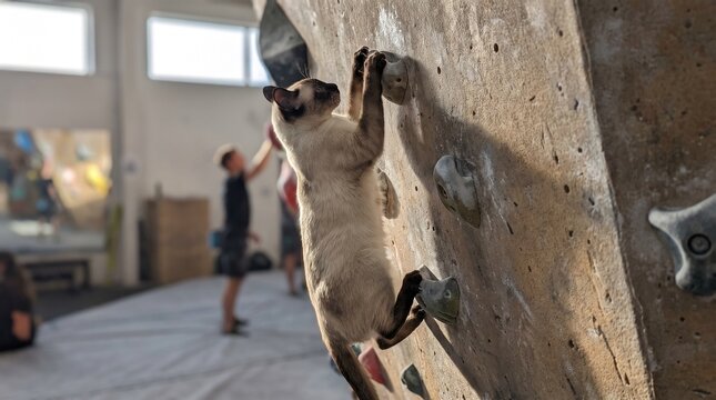 A Siamese cat climbs a textured indoor rock wall in a climbing gym facility.