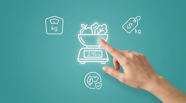 Hand Touching Virtual Interface With Food Scale Icons for Calorie Counting and Grocery Shopping Management Concept on Blue Teal Gradient Background