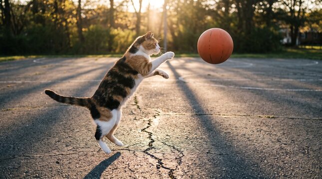 A calico cat jumps to catch a basketball on an outdoor court at sunset.