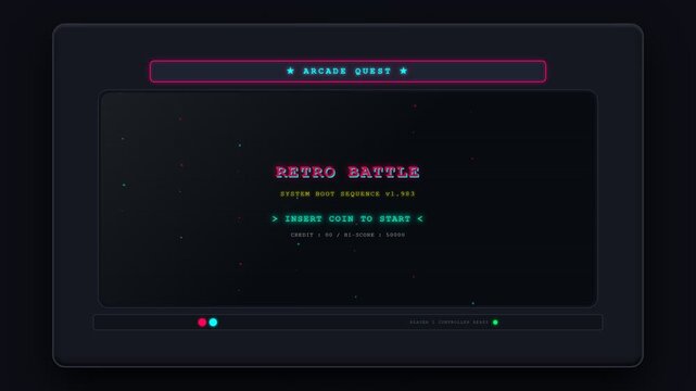 Retro battle arcade game interface with pixel text on dark screen