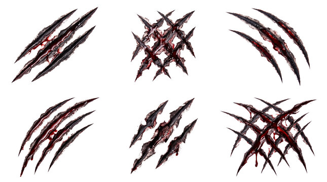 Scary claw marks with blood and torn skin on transparent