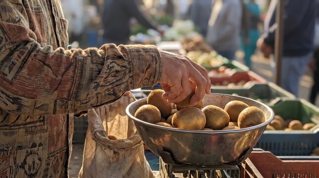 A vendor selects fresh kiwi fruit from a metal bowl at a traditional outdoor marketplace.