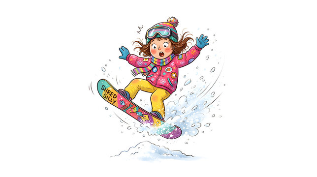 Cute snowboarder making a funny jump, surprised expression, colorful winter clothes, snow flying around, cartoon style, pure white background, copy space.