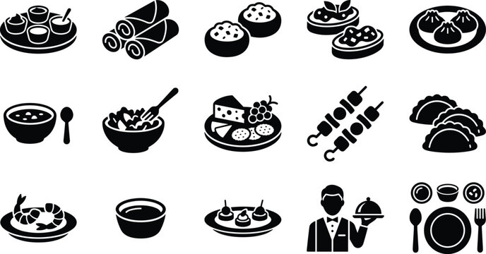 Set of flat black food and dining icons showing various meals and restaurant service elements