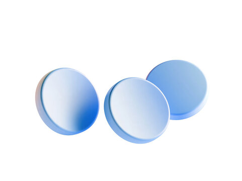 Three blue circular 3D buttons isolated on a transparent background for web interface design