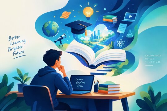 Futuristic Education and Technology Concept with Student and Open Book