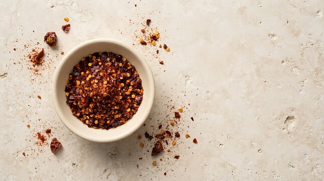 A small white bowl filled with crushed aleppo pepper spice flakes on a textured light beige stone countertop background