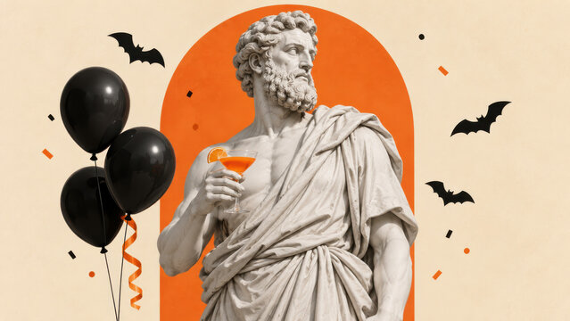 Halloween party drinks and celebration. Classical marble statue in a toga holding a cocktail with an orange slice, balloons, bats and an arch