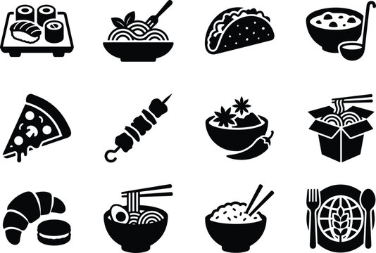 Set of twelve black food icons featuring diverse international dishes and culinary items for restaurant menus