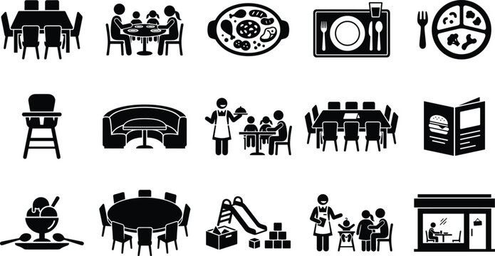 Set of restaurant and dining related vector icons including family tables and food service equipment