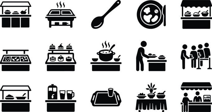 Set of food service and canteen icons showing buffet dining equipment and people in line