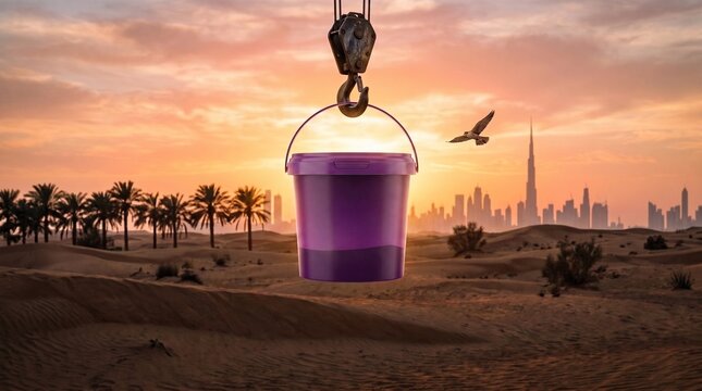 A purple bucket suspended by a crane hook over a desert landscape with palm trees and a city skyline at sunset.