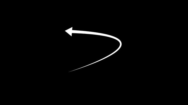 Minimalist white hand-drawn animated arrow curving leftward on a solid black background, digital interface navigation, instructional and creative motion projects
