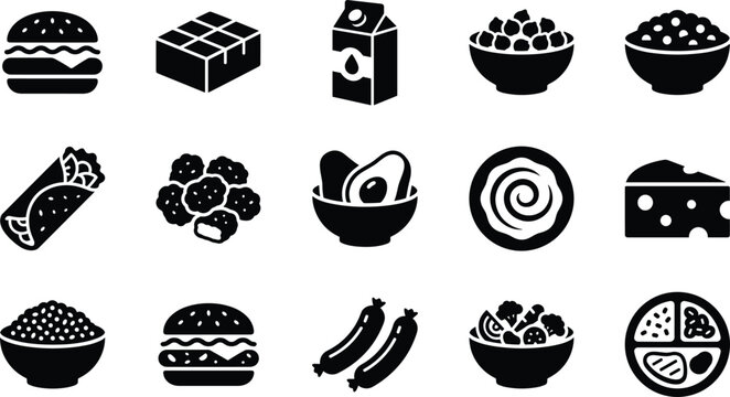 Set of diverse food and beverage icons featuring various healthy and fast food meals