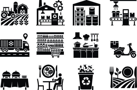 Set of food production logistics and service icons on white background