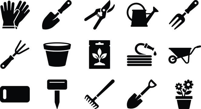 Set of black garden tool icons featuring various gardening equipment for horticulture and landscaping tasks